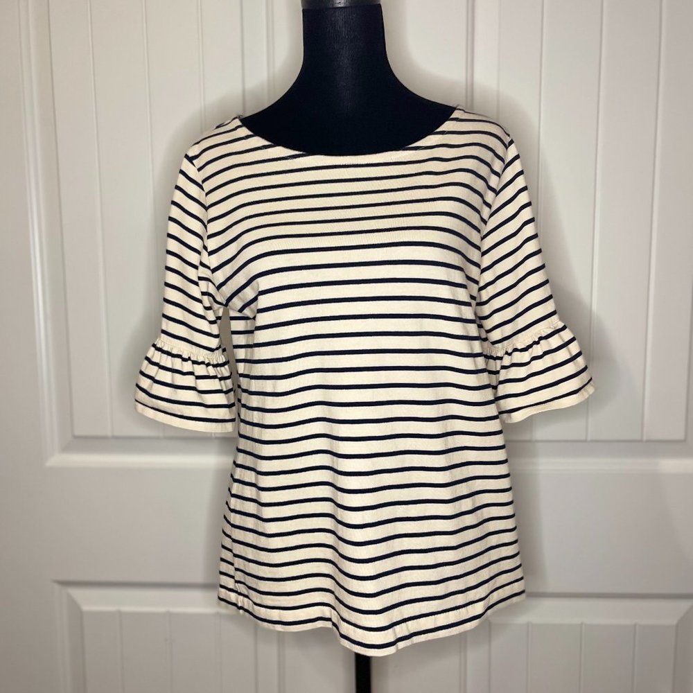 J. Crew beige and black striped 3/4 ruffle shirt